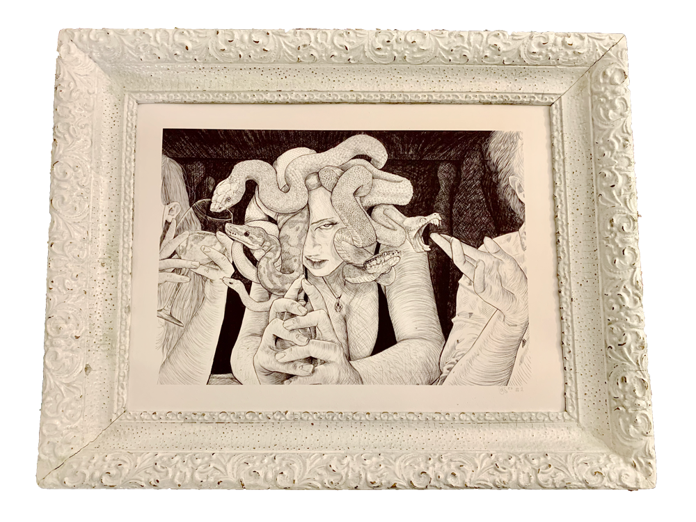 Photo of a framed Medusa Illustration