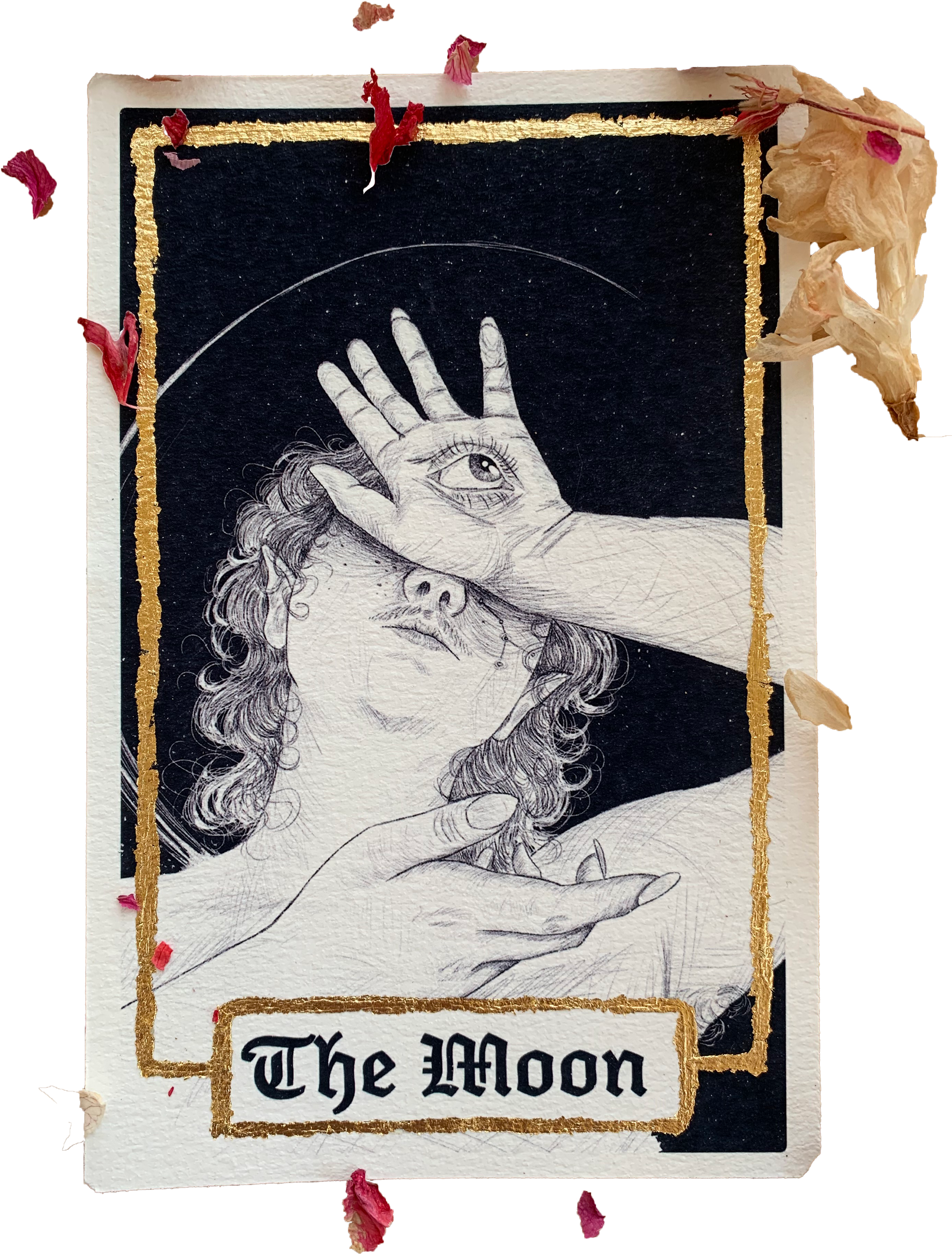 Photo of a moon tarot illustration with flower petals around it