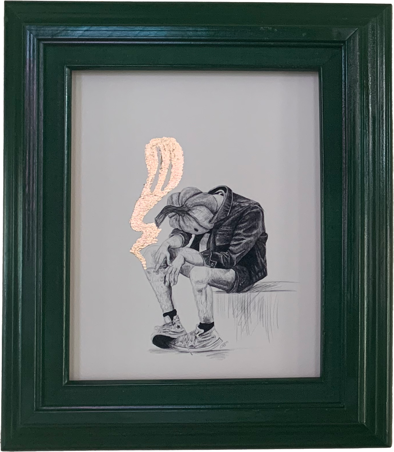 Photo of a framed Man with a Pumpkin Head Smoking a Cigarette Illustration