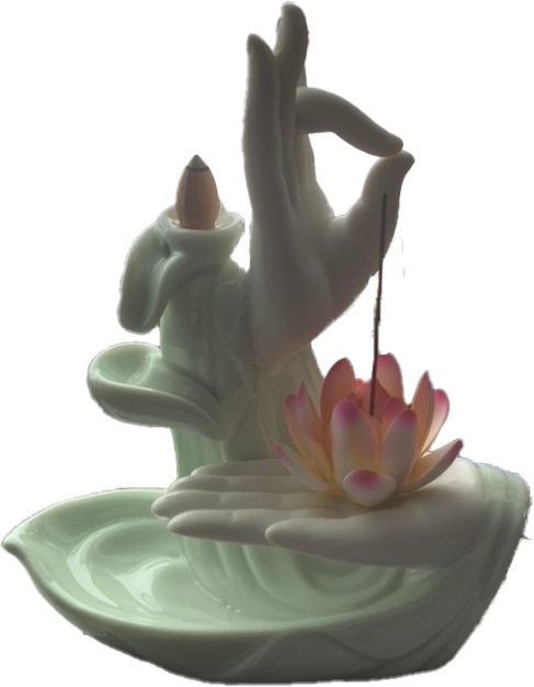 Photo of an incense holder, two hands hold up the incense.